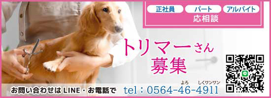 トリマーさん募集 正社員、パート、アルバイト応相談 連絡先：0564-46-4911